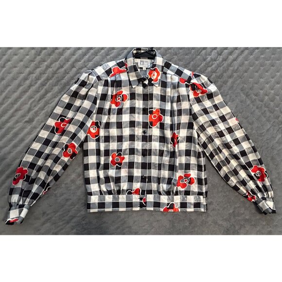 Vintage Anne Klein Women's Black White Gingham Checkered Blouse Red Poppy Size 8 - Picture 5 of 9